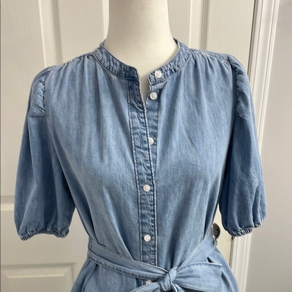GAP Mini Dress Puff Sleeve Mock Neck  Lt Wash Indigo Relaxed Fit Tie Belt Size S - Picture 2 of 13